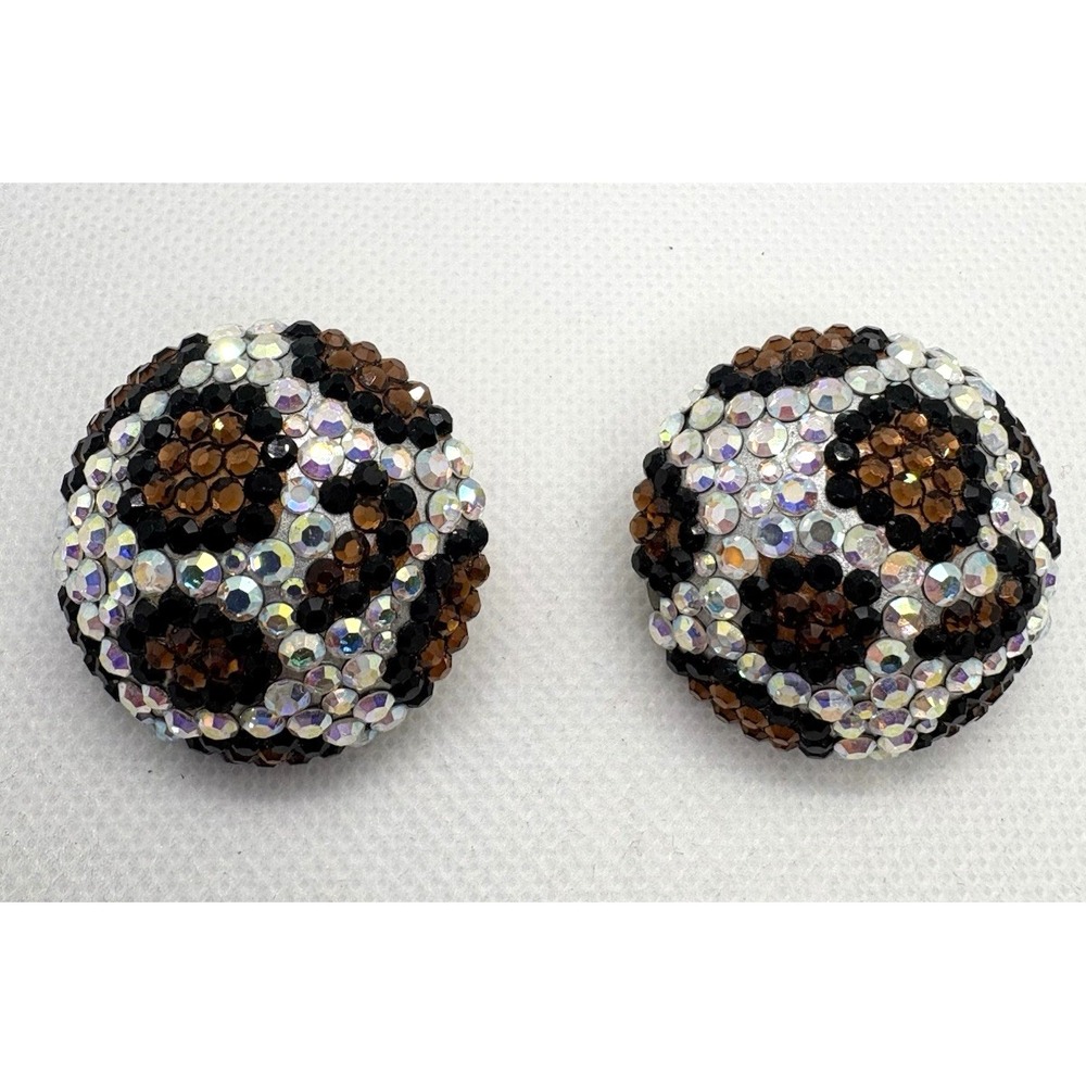 Vintage Caroline Williams Clip-On Earrings Colorful Rhinestone Leopard Print 90s - Picture 2 of 10